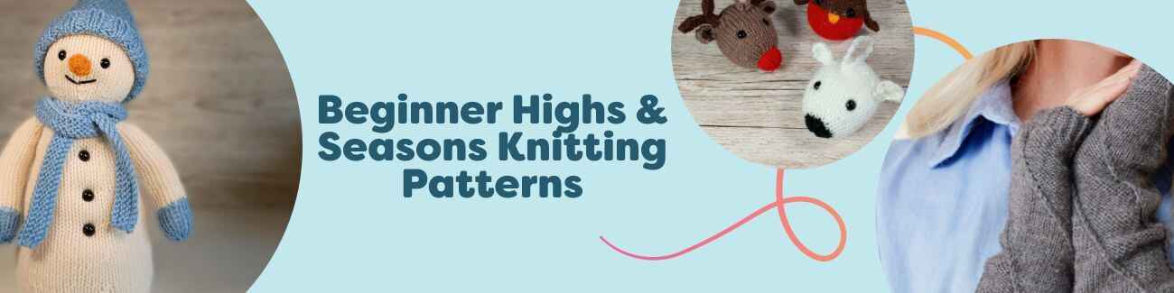 Collage of free beginner holiday and seasonal knitting patterns from Hobbii: snowman toy, reindeer ornaments, pumpkin house decor, and cozy arm warmers.
