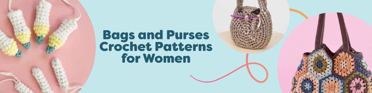 Assorted crochet bags and purses made with Hobbii yarn—totes, clutches, crossbody and market styles in varied stitches and colors.