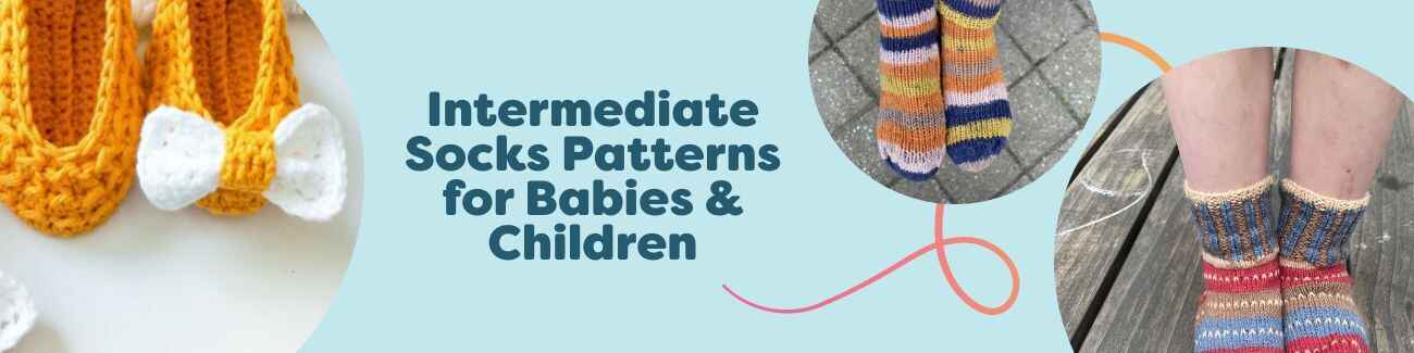 Selection of intermediate baby and kids sock and bootie patterns in knit and crochet from Hobbii, colorful designs sized for little feet.
