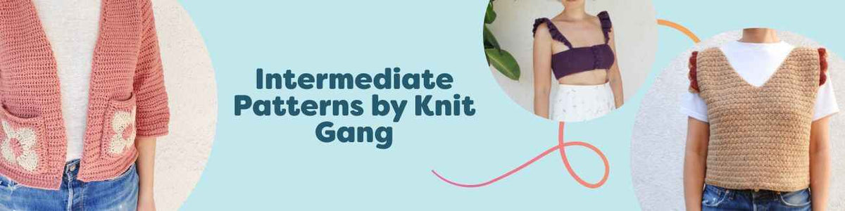 Collage of free intermediate Knit Gang patterns from Hobbii, featuring a cardigan, bralette, vest, mini dress, and children's coat in soft yarns.