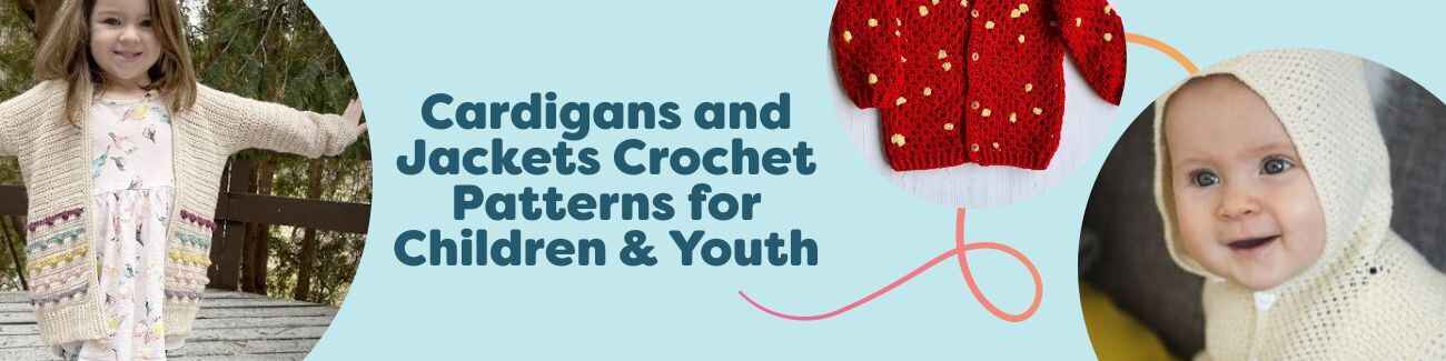 Free crochet cardigans and jackets for children and youth from Hobbii, shown in bright styles like Bubblegum, Strawberry, Rainbow Contrast, and Coral.