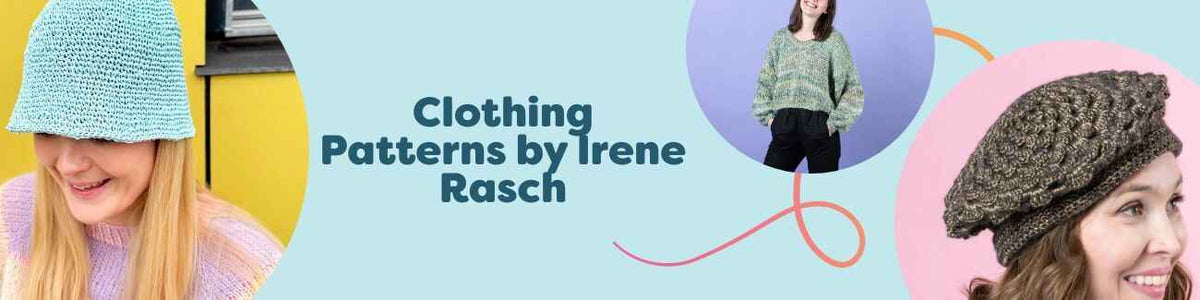 Assortment of Irene Rasch clothing patterns—sweaters, slipover, bucket hat, and beret—shown with Hobbii yarn for knitters and crocheters.