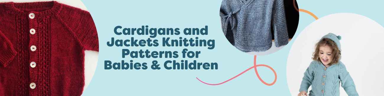 Selection of baby and kids knitted cardigans and jackets in soft colors, showing a range of styles and sizes, photographed for Hobbii.