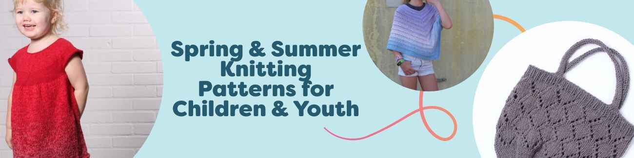 Assorted spring and summer knitwear for kids and teens: light cotton dresses, ponchos, and a small beach bag in bright, sunny colors.