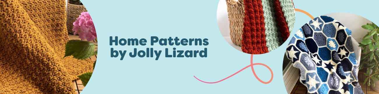 Crochet home decor from Jolly Lizard—cozy blankets, a textured throw, and a matching basket set styled in a modern living room, available at Hobbii.