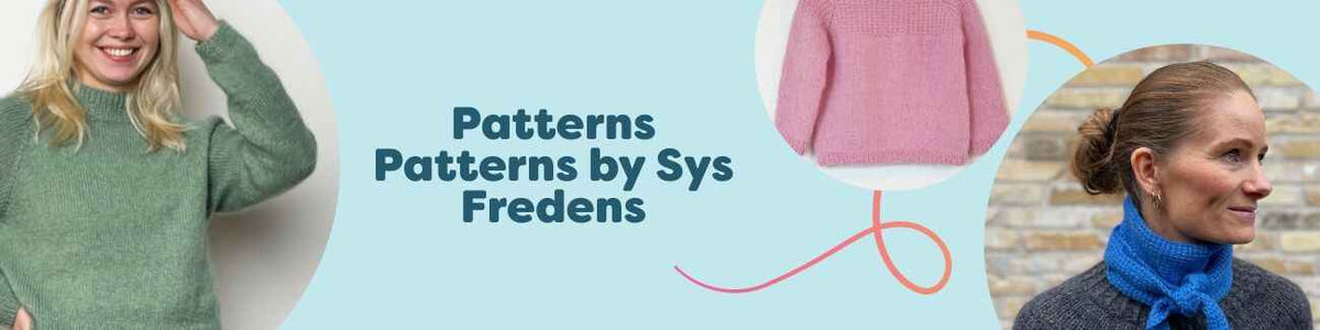Sys Fredens patterns at Hobbii: adult and kids’ sweaters, Tunisian crochet shawls, and scarves, printable PDFs.