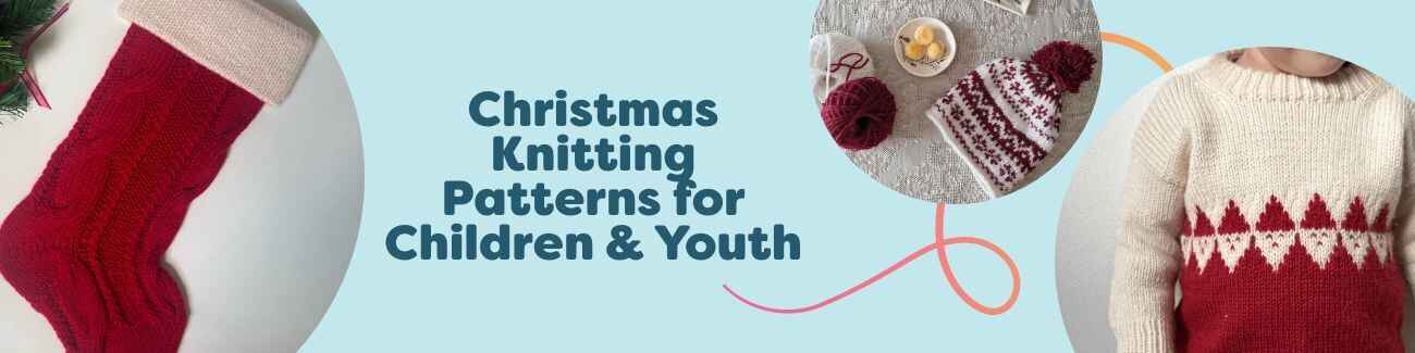 Children wearing festive hand-knit Christmas sweaters and hats, plus a knitted stocking, in classic red, green, and white.