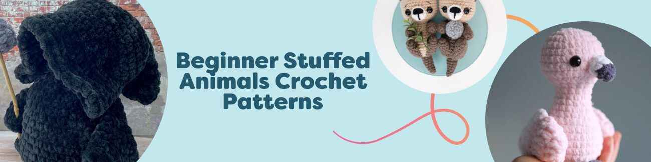 Collage of beginner amigurumi stuffed animal crochet patterns from Hobbii, featuring otters, a dragon, a flamingo, a tarantula, and a cute reaper.