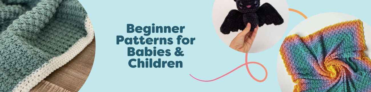 Collage of beginner-friendly baby and children knitting and crochet patterns from Hobbii, including simple blankets, sweaters, hats, and toys.