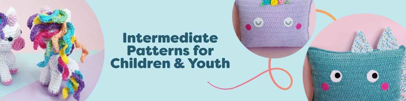 Collage of free intermediate crochet patterns for children and youth from Hobbii, featuring a baby unicorn, unicorn, dino and sloth pillows, plus a strawberry amigurumi.
