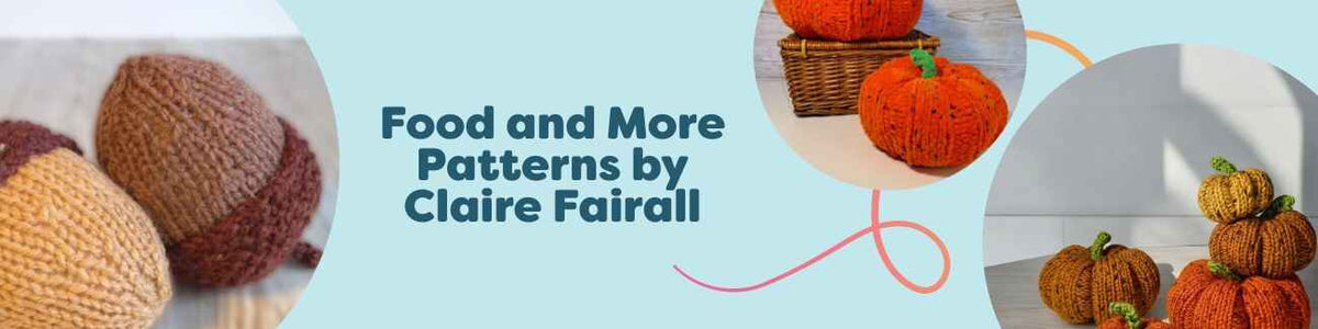 Group image of Food & More crochet patterns by Claire Fairall: Autumn Acorns, Candy Pumpkins, and Tweedy Pumpkins made with Hobbii yarns.