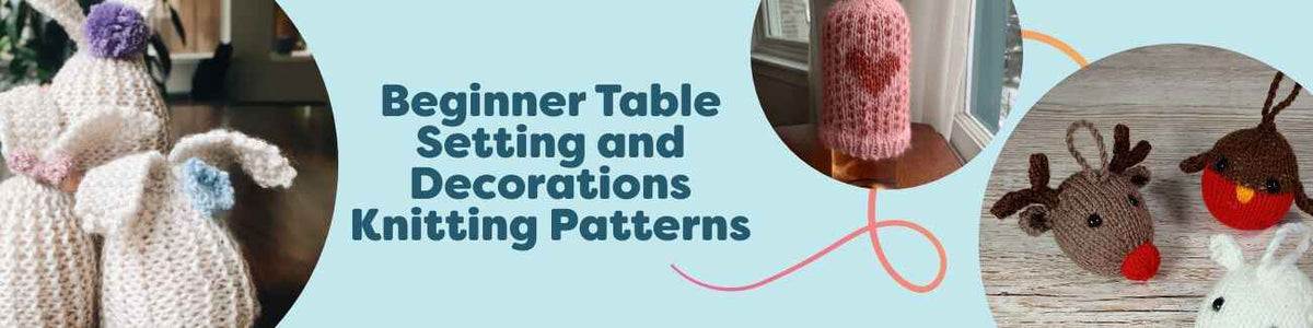 Beginner table setting and decorations knitting patterns from Hobbii, featuring egg cozies, a wine bottle sweater, pumpkins, and holiday ornaments.