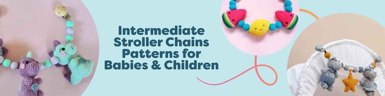 Collection of intermediate crochet pram/stroller chain patterns for babies—Dino, Kawaii Fruit & Strawberry, Hollie & Herman, Elephant—by Hobbii.