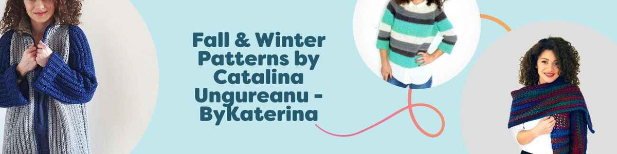 Free fall and winter crochet patterns by Catalina Ungureanu (ByKaterina) for Hobbii: sweater, vest, jacket, cowl and fingerless gloves.