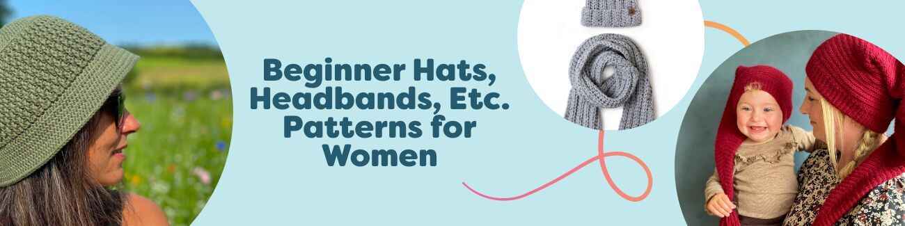 Collage of women’s beginner hats, beanies, bucket hats, and headbands in knit and crochet from Hobbii, showing simple, modern styles and cozy textures.