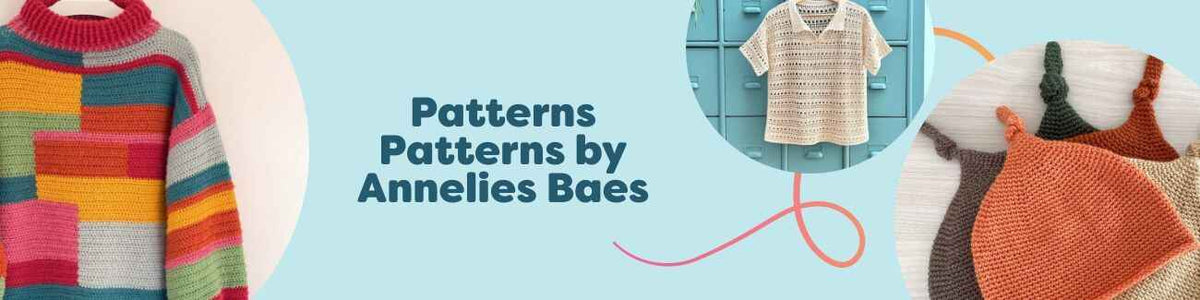 Annelies Baes crochet patterns at Hobbii: colorful cardigan, sweater, tee, bag, and baby hat displayed with yarn.
