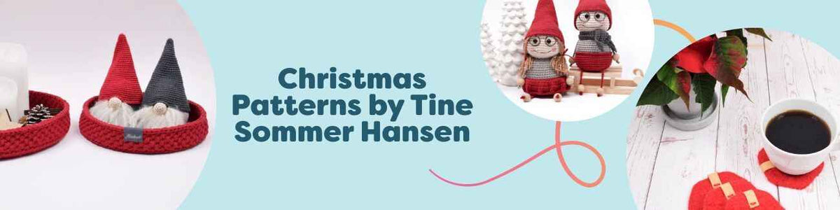 Collage of Christmas crochet patterns by Tine Sommer Hansen for Hobbii: elves Kvist and Maise, Frosty the Snowman, felted coasters, and decor trays.