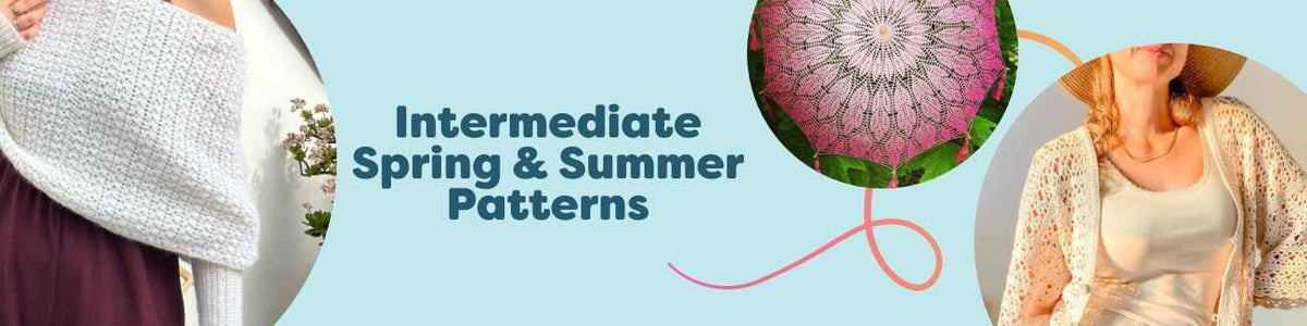 Intermediate spring and summer knit and crochet patterns: airy tops, tees, cardigans, shawls, and lacy accessories in lightweight yarns.