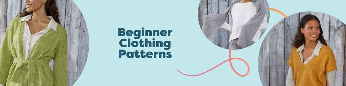 Beginner-friendly clothing patterns collection showing a kimono cardigan, shawl, vest, crochet top, and sweater made with Hobbii yarns.
