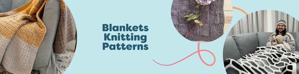 Cozy stack of knitted blankets—baby and throw sizes—in solids and mosaic stripes, styled with Hobbii yarn skeins; collection of blanket knitting patterns.