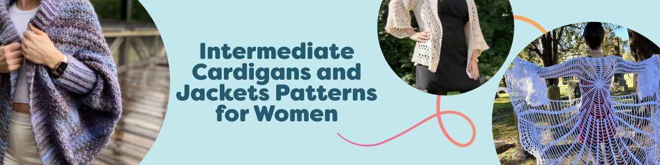 Women's intermediate cardigan and jacket patterns — crochet and knit designs from Hobbii with yarn suggestions.