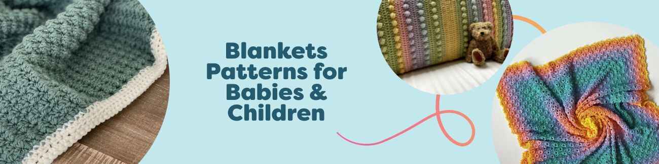 Assorted baby and children blanket patterns in crochet and knit, shown in soft pastels and rainbow hues, ideal for cozy gifts, from Hobbii.