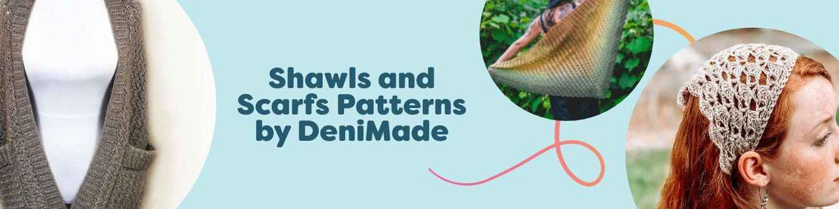 Assorted crochet shawls, scarves, kerchiefs, and a pocket shawl by DeniMade, shown on models and flat lays, made with soft Hobbii yarns.