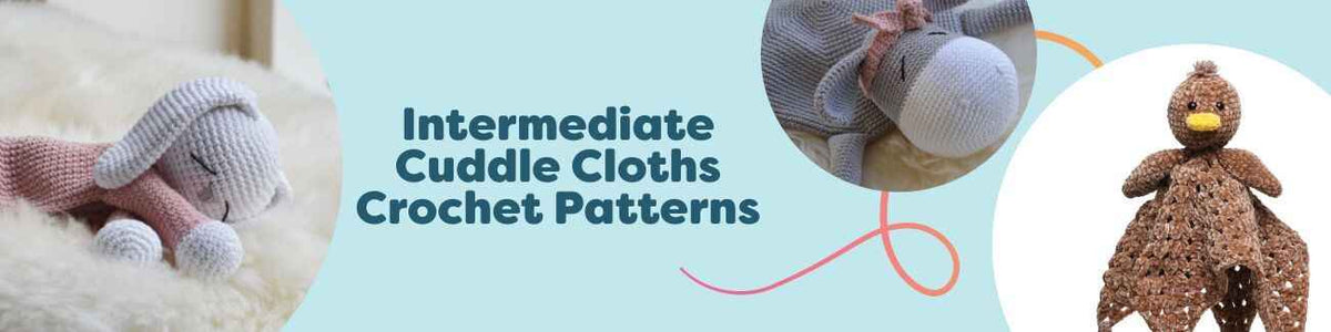 Hobbii free intermediate cuddle cloth crochet patterns - bunny, donkey, unicorn, giraffe, and sensory duck baby comforters.