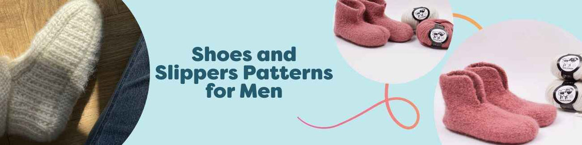 Collection image showing men’s knit and crochet slipper patterns from Hobbii, featuring easy evening and felted styles in men’s sizes.