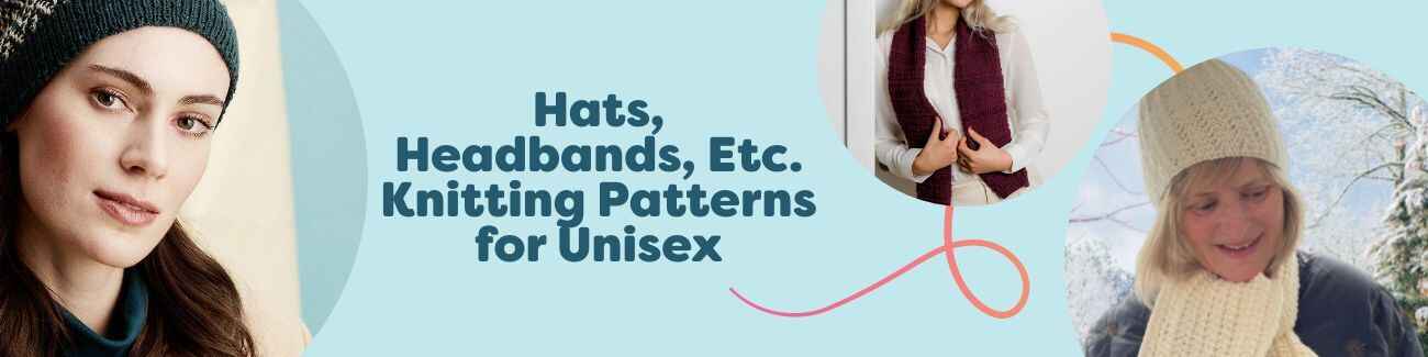 Collection image showing free unisex knit hats, beanies, and headbands in various yarn weights and colors on models and flat lays from Hobbii.