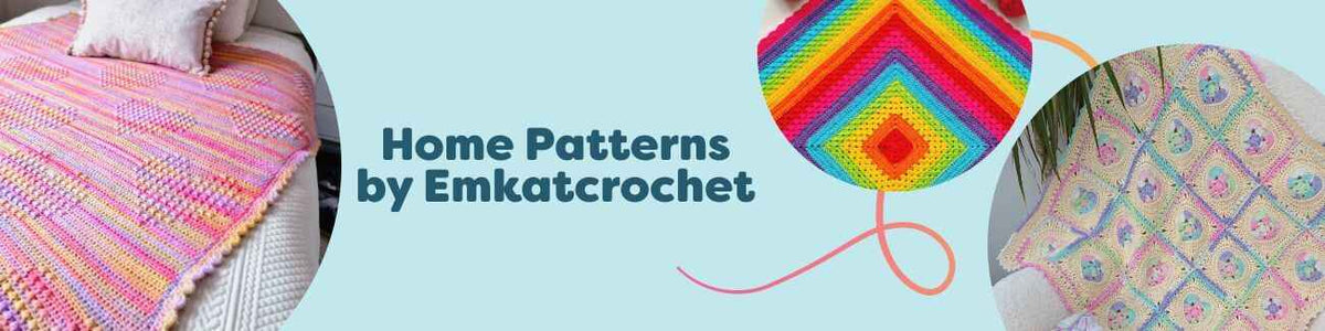 Collage of Emkatcrochet home crochet patterns for Hobbii: colorful granny-square and heart-motif blankets on sofas and a baby blanket.