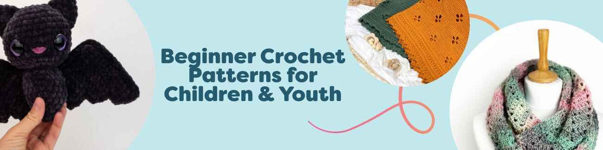 Beginner crochet patterns for children and youth: baby blankets, scarves, toys, and book cozies made with Hobbii yarn.