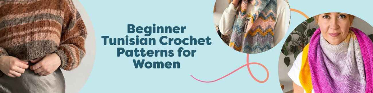 Grid of beginner Tunisian crochet patterns for women from Hobbii: cozy scarves (Amber, Diva, Marigold), a shawl, and the Milana sweater in soft yarns.