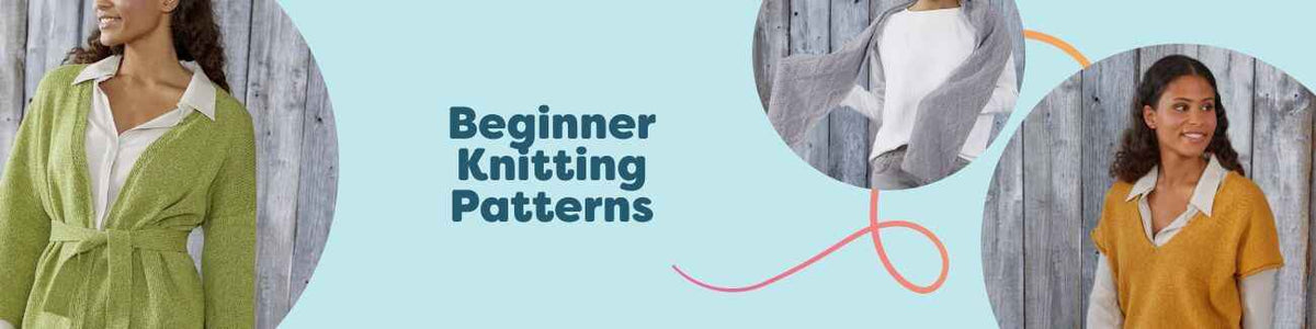Free beginner knitting patterns from Hobbii: simple cardigan, shawl, vest, sweater, and snowman toy styled with soft yarn skeins.