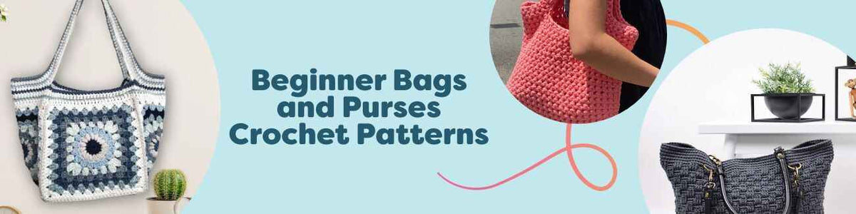 Assorted beginner-friendly crochet bags and purses made with Hobbii yarn—totes, crossbody, and granny-square styles arranged together.