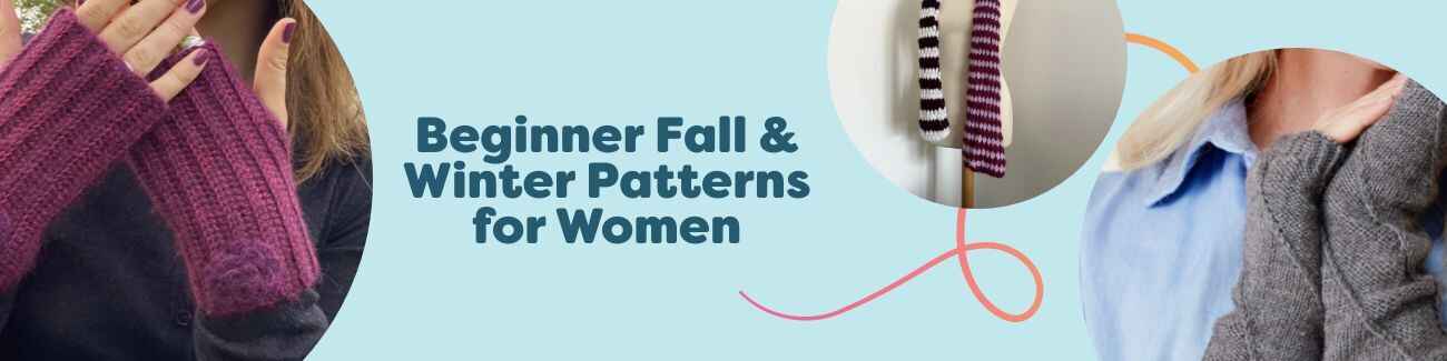 Flat lay of knitted mittens, a ribbed scarf, and cozy arm warmers in autumn neutrals, showcasing Hobbii’s free beginner fall and winter patterns for women.