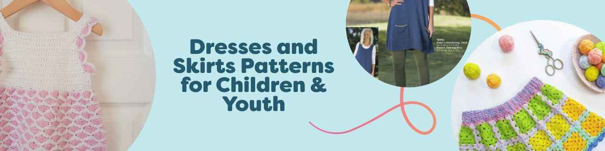 Assorted children’s dresses and skirts from knitting and crochet patterns, styled with colorful Hobbii yarn alongside hooks and needles on a table.