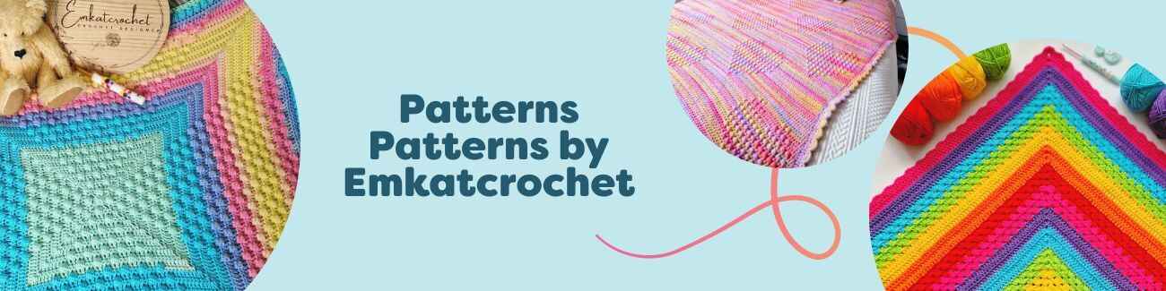 Selection of Emkatcrochet intermediate crochet patterns at Hobbii, including textured baby blankets and heart‑motif throws.