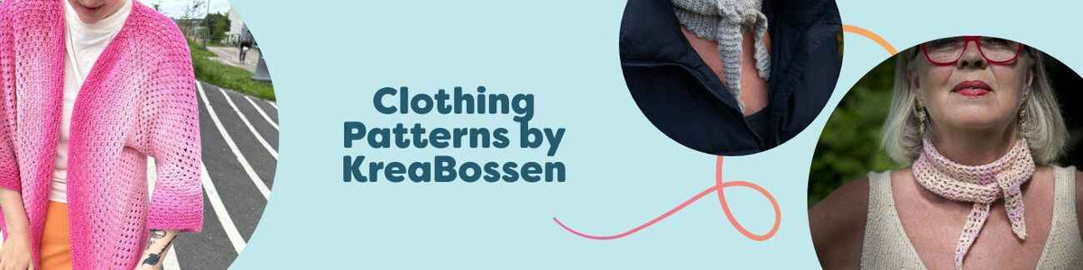 KreaBossen clothing patterns from Hobbii: cardigans, scarves, hats, and mittens for knitters and crocheters.