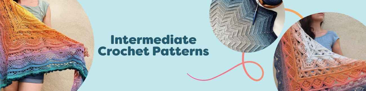 Selection of intermediate crochet projects—shawls, baby blankets, and throws—crafted with Hobbii yarn in soft, modern colors.