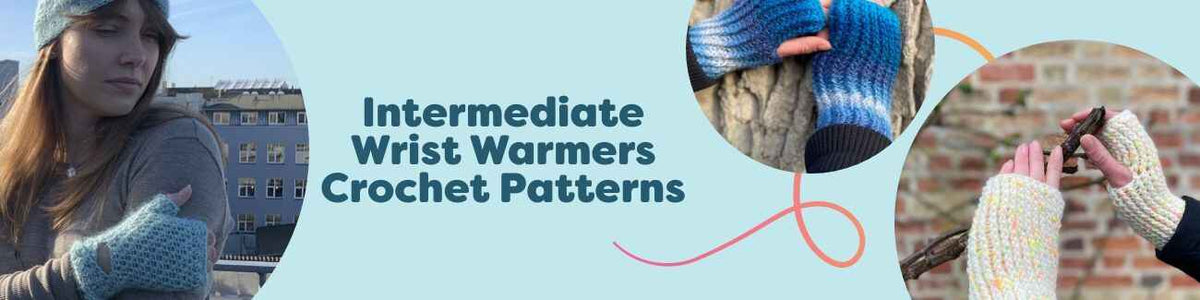 Assorted intermediate crochet wrist warmers and mittens with textured stitches, modeled on hands in cozy neutral and colorful tones.