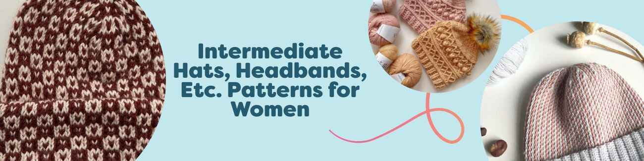 Grid of women's intermediate crochet hat and headband patterns from Hobbii, featuring beanies, ear warmers, and textured winter accessories.