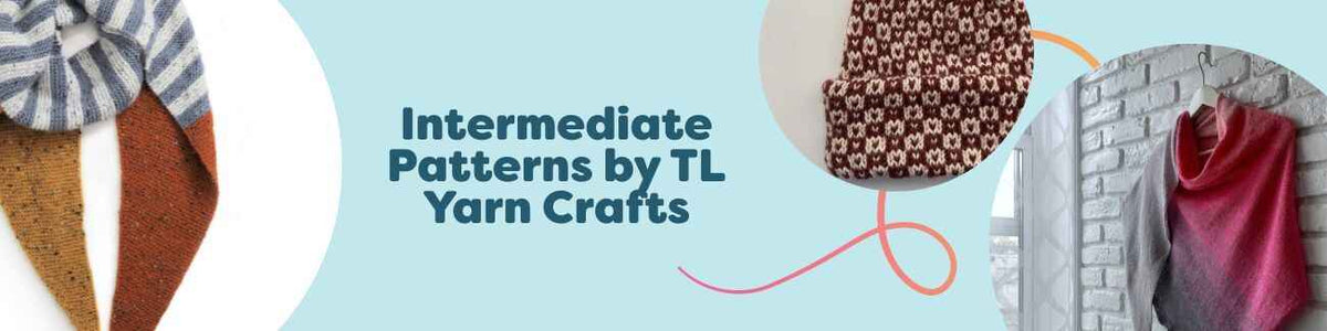 Selection of free intermediate crochet patterns by TL Yarn Crafts at Hobbii, featuring a scarf, beanie, shawl, and bag styled with coordinating yarn and hooks.