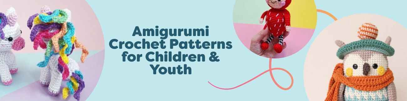 Colorful amigurumi toys for kids—crocheted unicorn, owl, and strawberry plushies—grouped on a table; free patterns for children and youth.