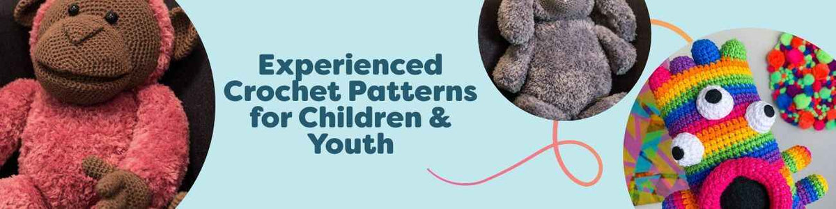 Experienced and intermediate crochet patterns for kids and teens, featuring amigurumi toys like a penguin, hippo, and monster from Hobbii.