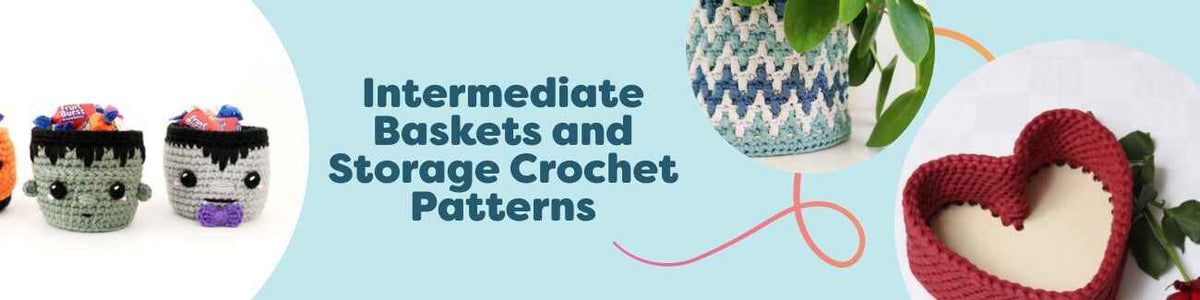Collage of intermediate crochet baskets and storage projects—chunky zigzag textures, heart-shaped baskets, felt-bottom bins, and colorful mini catchalls—made with Hobbii yarn.