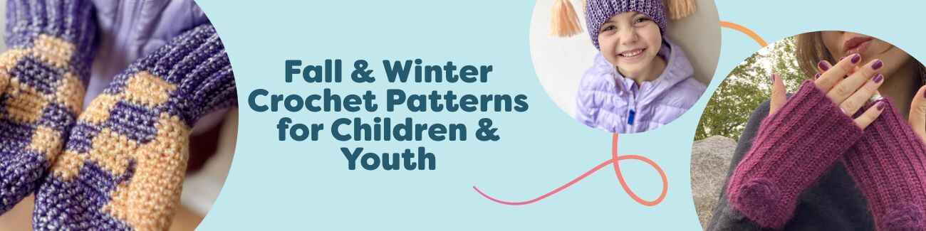Assortment of free fall and winter crochet patterns for children and youth, featuring mittens, beanies, a cat scarf, and a hoodie in cozy yarns.