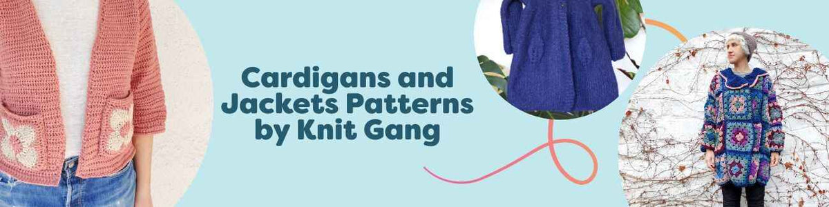Assortment of Knit Gang cardigan and jacket patterns from Hobbii, featuring knit and crochet coats and cardigans styled with yarn skeins, needles, and hooks.