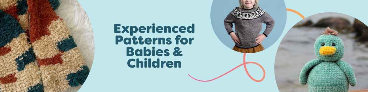 Baby and children garments and toys—sweaters, vests, and soft animals—showcasing free experienced crochet and knit patterns by Hobbii.