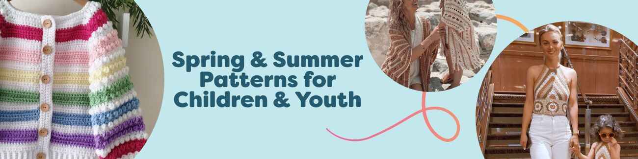 Spring and summer knit and intermediate crochet patterns for children and youth, featuring light cardigans, airy tops, and bucket hats from Hobbii.